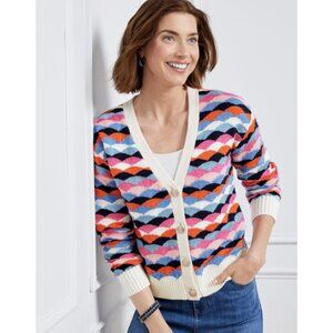 TALBOTS V Neck Cardigan in Scallop Stripe Multicolor Preppy Old Money Country